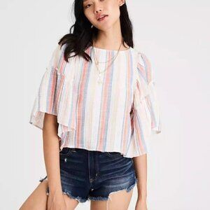 American Eagle Wide Ruffle Bell Sleeve Pastel Stripe Crop Top